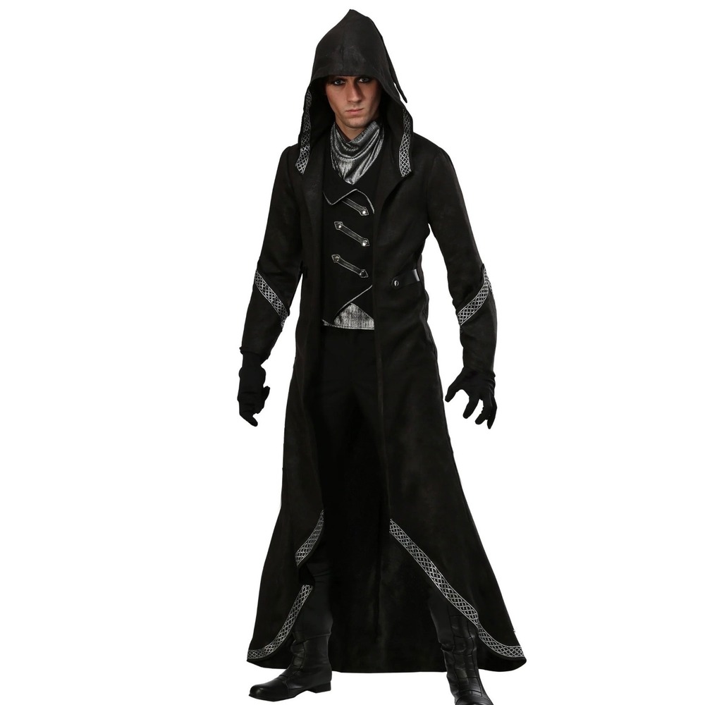 Mens Gothic Assassin Costume Hooded Trench Coat Vest Scarf Set Black Silver XL
